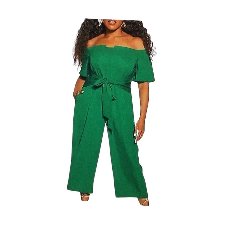 City Chic Green Off Shoulder  Front Tie Wide Leg Jumpsuit Women's Size M/18